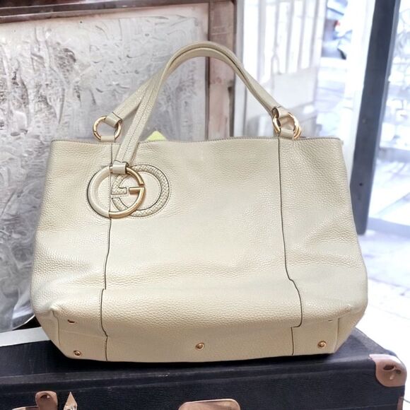 AUTHENTIC GUCCI HANDBAG SHOULDER TOTE OFF WHITE LEATHER - Picture 5 of 15